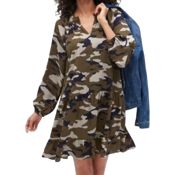 BANANA REPUBLIC Green Camo Mini Dress Long Sleeve Drop Waist Women Small V Neck - Picture 1 of 10